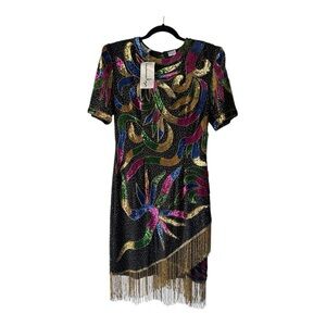 Vintage Lawrence Kazar 80s Silk Dress Sequin Fringe Brand new with tags